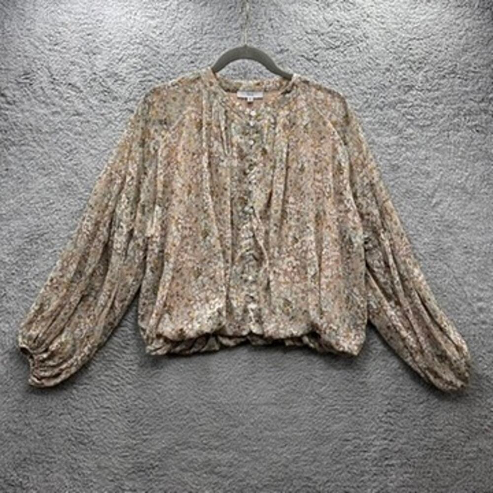 Fate Women's Medium Blouse‎ Balloon Sleeves Cream Beige Gold Accents Romantic